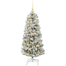 vidaXL Pre-Lit Warm White LED and Gold Baubles Snow Flocked Artificial Christmas Tree 3.9ft - Green - Wilko