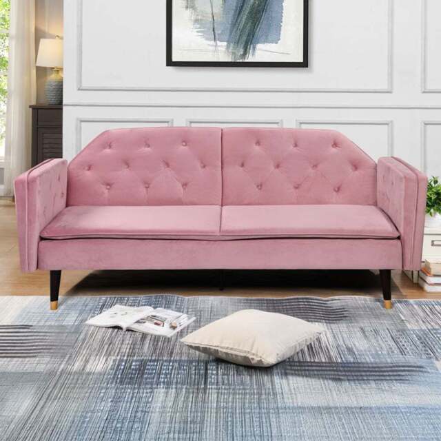 Comfy Living 3 Seater Pink and Gold Plush Velvet Tufted Sofa Bed - Wilko - image 1