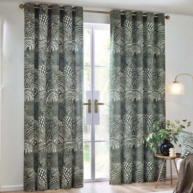 Hoem Nola Olive Abstract Eyelet Curtains 168 x 183cm - Size: W 168 x D 183cm - Green - Wilko - image 1
