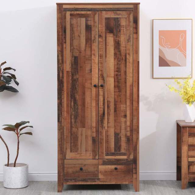 FurnitureHMD 2 Door 2 Drawer Industrial Style Wooden Wardrobe - Size: 2 Door, 2 Drawer - Brown - Wilko - image 1