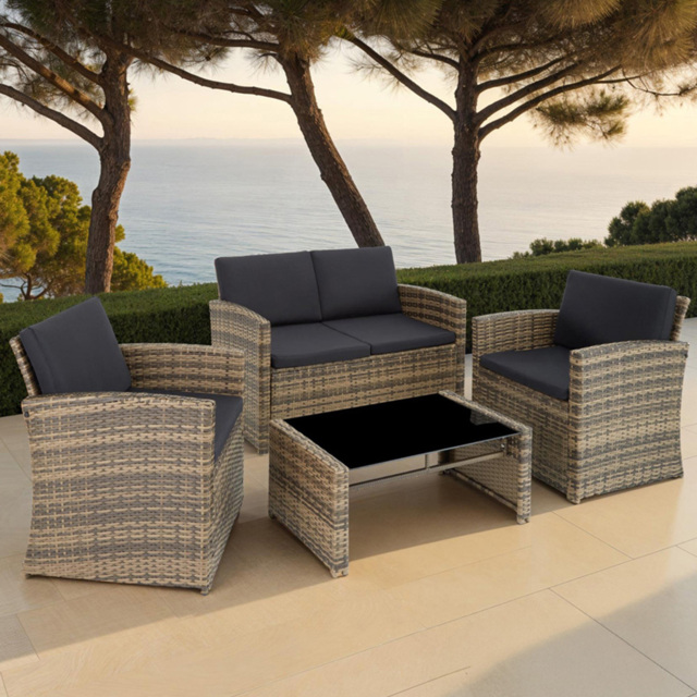 tectake Lucca 4 Seater Nature and Dark Grey Rattan Garden Sofa Set - Brown - Wilko - image 1