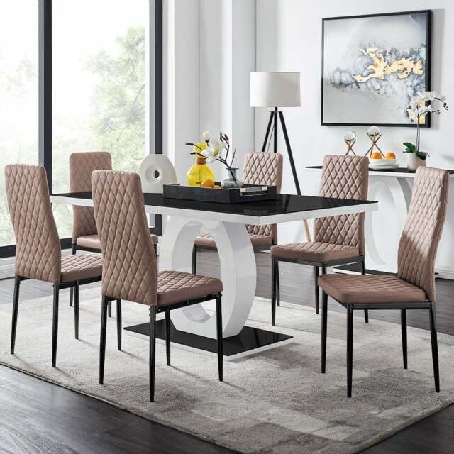 Furniturebox Lucia Valera 6 Seater Dining Set Black Gloss and Cappuccino - Brown - Wilko - image 1