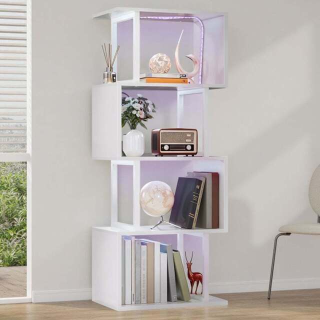Living and Home 5 Shelf White S-Shaped Geometric Bookcase with LED Light - Wilko