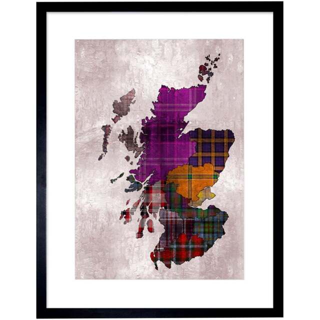 Wee Blue Coo Scotland Tartan Inset Regions Map Outline Painting Framed Wall Art Print 30 x 41cm - Size: 43.3 x 33.3 x 1.5cm - Purple - Wilko - image 1