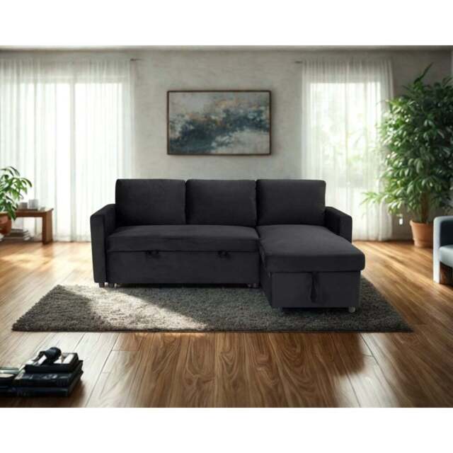 DS Living The Tranquilo 3 Seater Black Plush Velvet L-Shape Pull Out Chaise Sofa Bed - Wilko - image 1