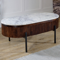 Brooklyn Opal 2 Drawer Marble Top Mango Wood Oval Rectangular Fluted Coffee Table - Brown - Wilko