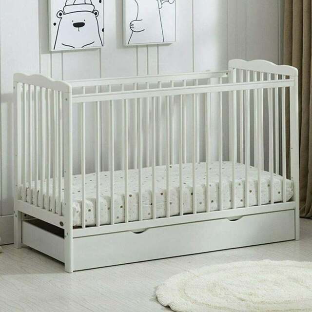 Brooklyn Single Drawer White Height Adjustable Wooden Baby Cot Crib - Size: 85 x 125 x 66cm - MCC - Wilko