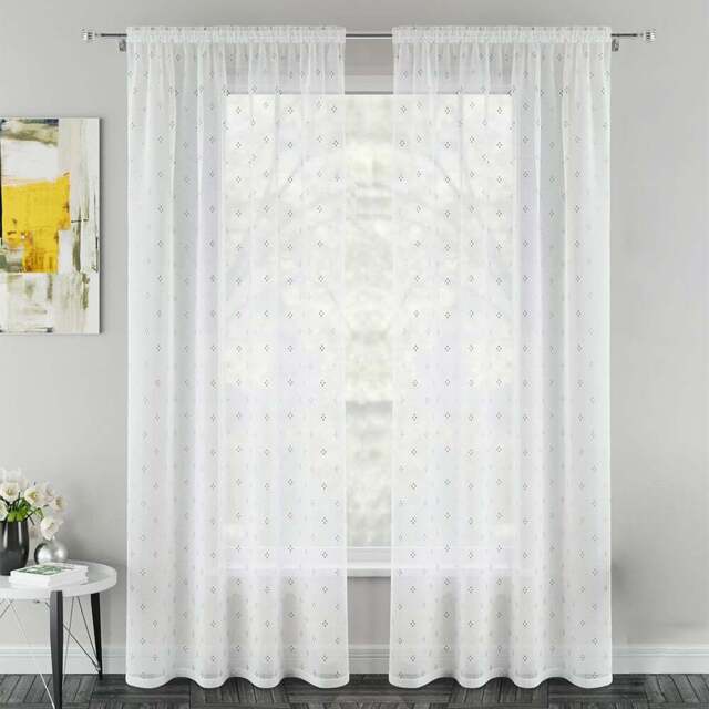 Tyrone Textiles Destiny Silver Metallic Diamond Print Rod Pocket Voile Panel Curtains 140 x 122cm - Size: W 140 x D 122cm - Wilko - image 1