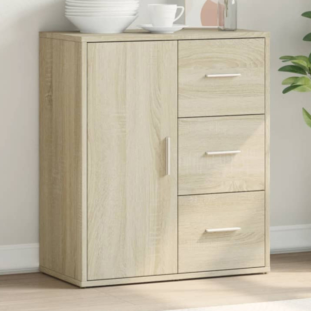 vidaXL Single Door 3 Drawer 2 Shelf Sonoma Oak Sideboard - Size: 70 x 60 x 31cm - Brown - Wilko - image 1