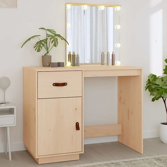 vidaXL Single Door Single Drawer Solid Wood Pine Dressing Table with LED Lights - Size: 133.5 x 95 x 50cm - Brown - Wilko - image 1