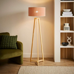 ValueLights Lottie Orange Checkerboard Bamboo Shade Wooden Tripod LED Floor Lamp with Bulb - Size: 150 x 38 x 38cm - Cream - Wilko - thumbnail 4