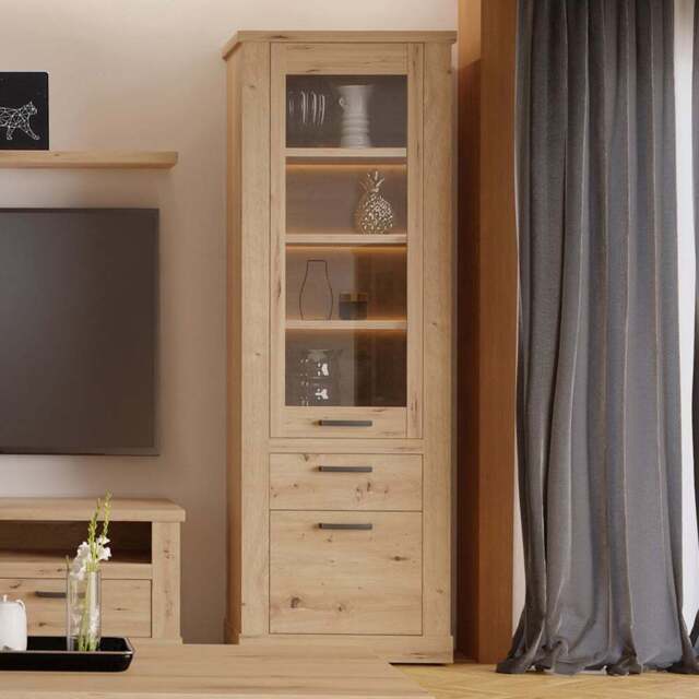 Florence Corona 2 Door Single Drawer Artisan Oak Narrow Display Cabinet - Size: 212 x 71.4 x 41.3cm - Brown - Furniture To Go - Wilko - image 1