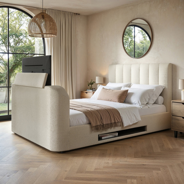 Flair Megane King Size Cream Boucle Side Lift Ottoman Bed with TV Bracket - Wilko - image 1