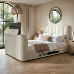 Flair Megane King Size Cream Boucle Side Lift Ottoman Bed with TV Bracket - Wilko