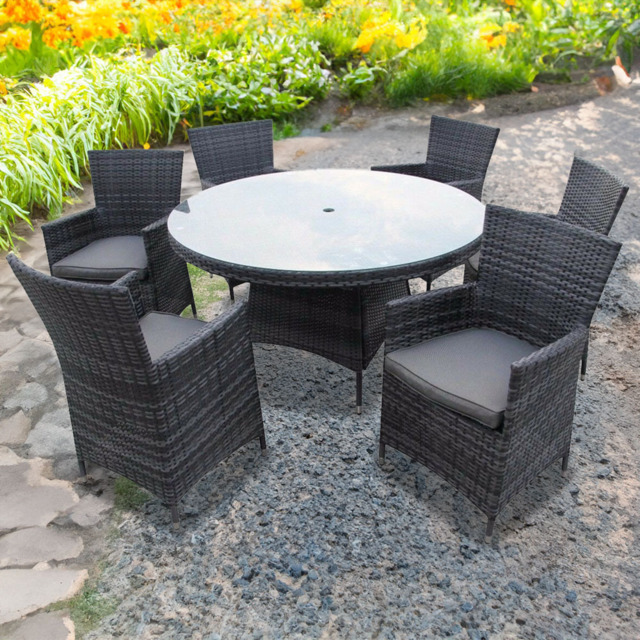 Furniture One 6 Seater Grey Rattan Garden Dining Set with Cushion - Wilko - image 1