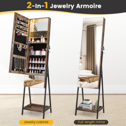 Costway Rustic Brown LED Full Length Mirror Jewellery Armoire - Size: 134 x 47cm - Wilko - thumbnail 6