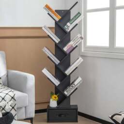 Costway Single Drawer 8 Shelf Black Tree Bookshelf - Size: 84 x 27 x 20cm - Wilko