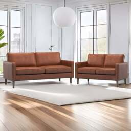 Bexhill 5 Seater Tan Faux Leather Sofa Suite - Brown - Wilko - thumbnail 1