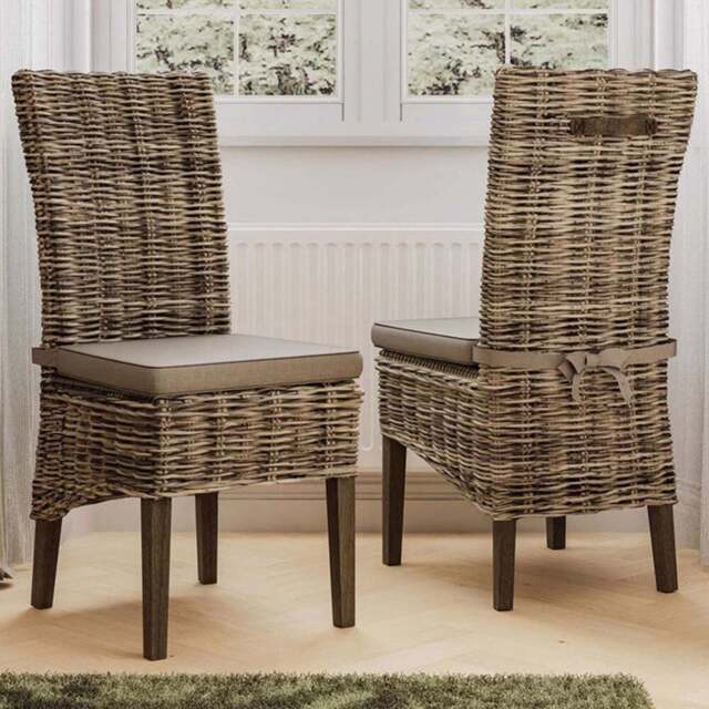 FWStyle Maya Set of 2 Grey Wash Kubu Rattan Solid Pine Handmade Dining Chairs - Size: 102 x 60 x 60cm - Brown - Wilko - image 1