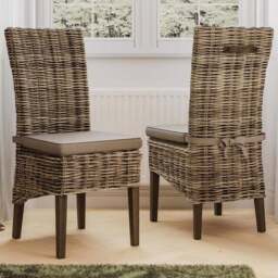 FWStyle Maya Set of 2 Grey Wash Kubu Rattan Solid Pine Handmade Dining Chairs - Size: 102 x 60 x 60cm - Brown - Wilko