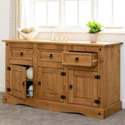 Seconique Corona 3 Door 3 Drawer Distressed Waxed Pine Sideboard - Size: 48 x 144 x 81cm - Brown - Wilko