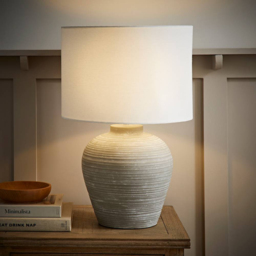 ValueLights Reid Linen Drum Lamp Shade Stone Grey Ribbed Ceramic Large LED Table Lamp - Size: 54.5 x 36 x 36cm - Wilko - thumbnail 7