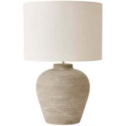ValueLights Reid Linen Drum Lamp Shade Stone Grey Ribbed Ceramic Large LED Table Lamp - Size: 54.5 x 36 x 36cm - Wilko