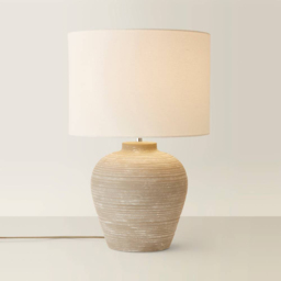ValueLights Reid Linen Drum Lamp Shade Stone Grey Ribbed Ceramic Large LED Table Lamp - Size: 54.5 x 36 x 36cm - Wilko - thumbnail 4