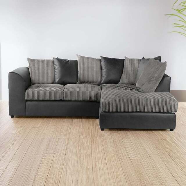Luxor 3 Seater Black and Grey Jumbo Cord Right Hand Facing Corner Sofa - Multi - Wilko - image 1