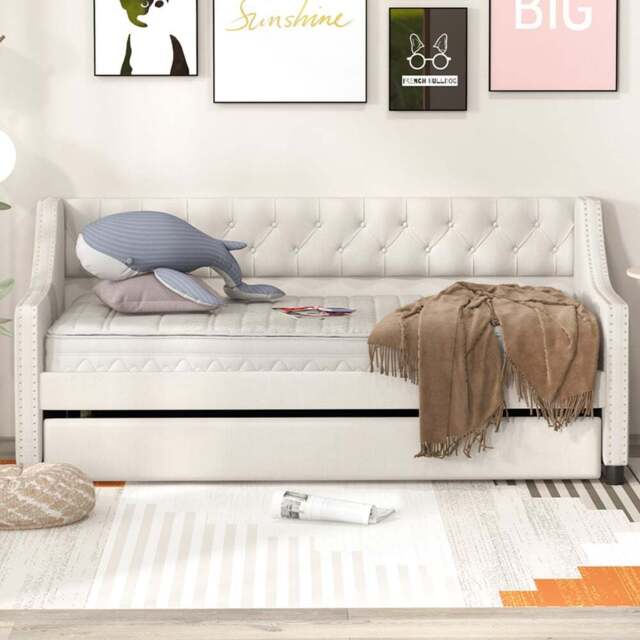 Costway Single Beige Linen Trundle Bed with Backrest - Cream - Wilko - image 1