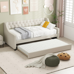 Costway Single Beige Linen Trundle Bed with Backrest - Cream - Wilko - thumbnail 5