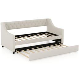Costway Single Beige Linen Trundle Bed with Backrest - Cream - Wilko - thumbnail 3