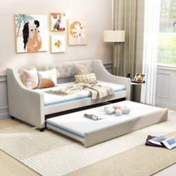 Costway Single Beige Linen Trundle Bed with Backrest - Cream - Wilko - thumbnail 4