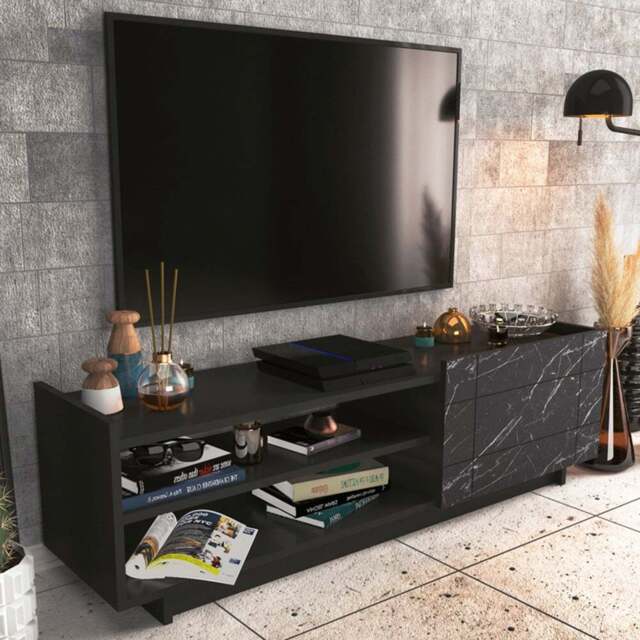Decorotika Valantina Single Door 2 Shelf Black Marble Effect and Black TV Unit - Size: 41.4 x 140 x 37cm - Multi - Wilko - image 1