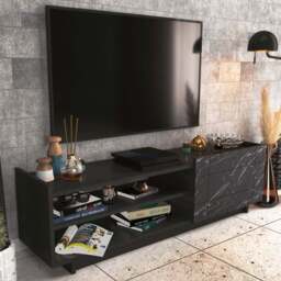Decorotika Valantina Single Door 2 Shelf Black Marble Effect and Black TV Unit - Size: 41.4 x 140 x 37cm - Multi - Wilko