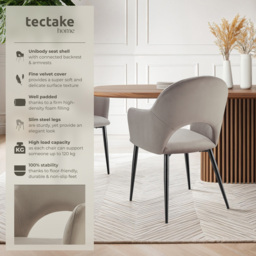 Tectake Sasha Set of 2 Taupe Velvet Padded Dining Chair - Grey - Wilko - thumbnail 7