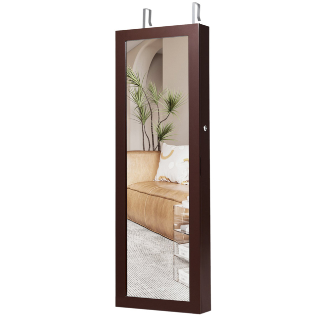 Costway Brown Lockable Mirror Jewellery Cabinet with LED Lights - Size: 119 x 45 x 17cm - Wilko - image 1