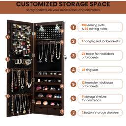 Costway Brown Lockable Mirror Jewellery Cabinet with LED Lights - Size: 119 x 45 x 17cm - Wilko - thumbnail 7