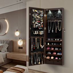 Costway Brown Lockable Mirror Jewellery Cabinet with LED Lights - Size: 119 x 45 x 17cm - Wilko - thumbnail 4
