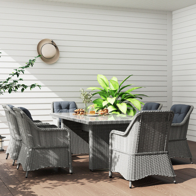 Outsunny 6 Seater Grey Rattan Garden Dining Set with Glass Top Table and Cushions - Wilko - image 1