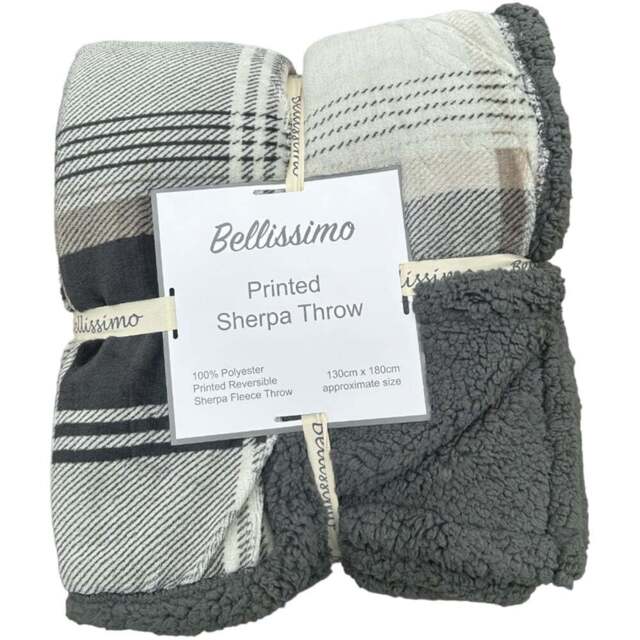 Bellissimo Grey Check Soft Fleece Sherpa Throw - Size: 130 x 180cm - Wilko - image 1