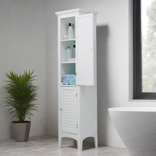 Teamson Home Glancy 2 Door White Wooden Tall Tower Storage Cabinet - Size: 160.0 x 33.0 x 38.1cm - Wilko - image 1