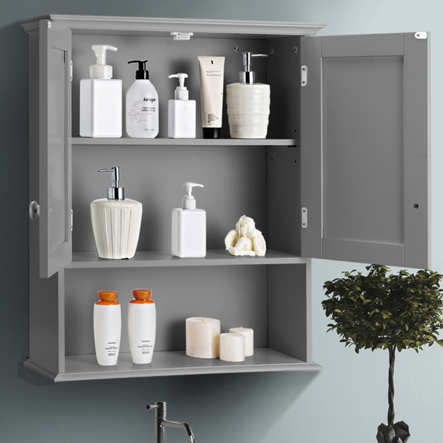 Costway 2 Door Single Shelf Grey Wall Mounted Storage Cabinet - Size: 78.7 x 45.7 x 12.7cm - Wilko - image 1