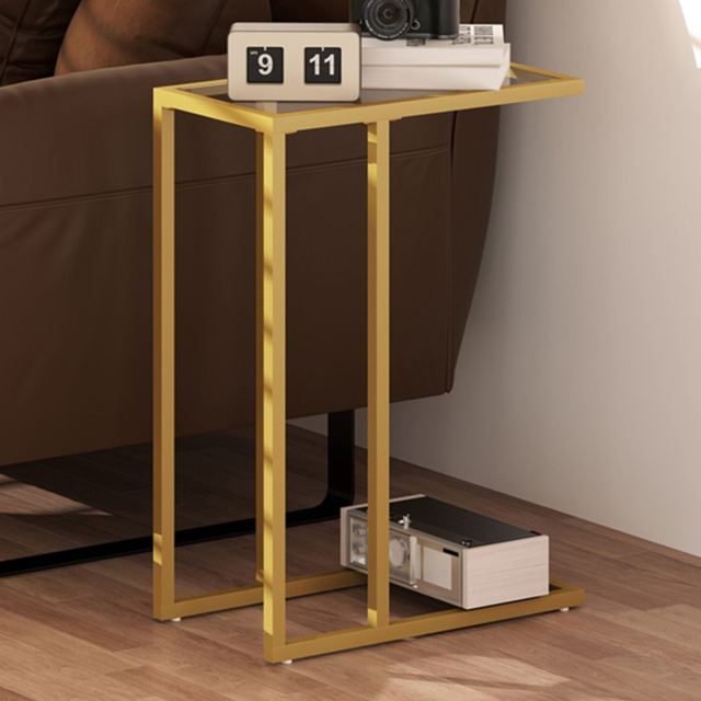 HOMCOM Gold C Shaped Tempered Glass Tabletop Bedside Table - Size: Single Shelf - Orange - Wilko - image 1