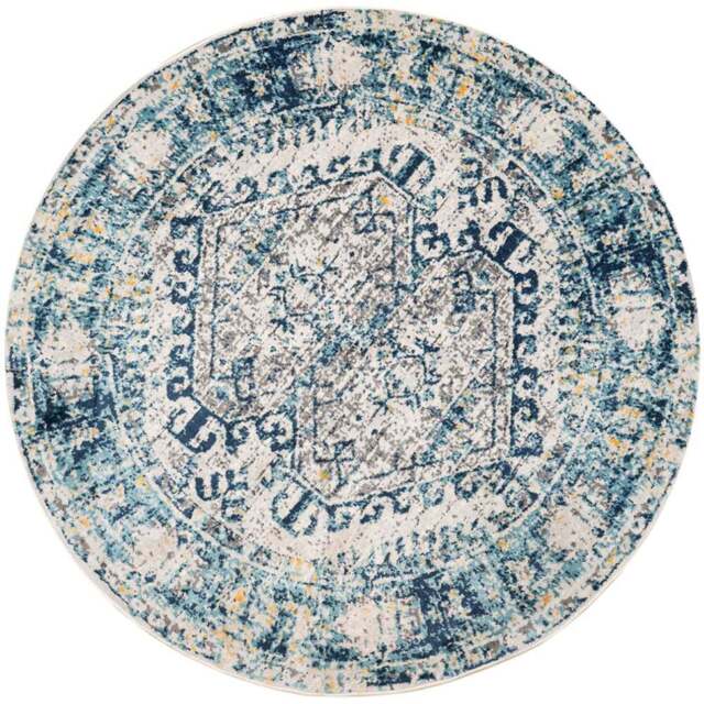 Kukoon Navy Blue and Grey Bordered Geometric Distressed Rug 120cm - Size: 120 x 120cm - Wilko - image 1