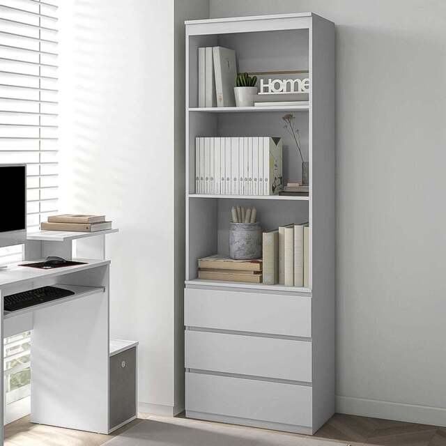 HOMCOM 3 Drawer 3 Shelf White Freestanding Tall Bookshelf - Size: 180 x 35 x 60cm - Wilko - image 1