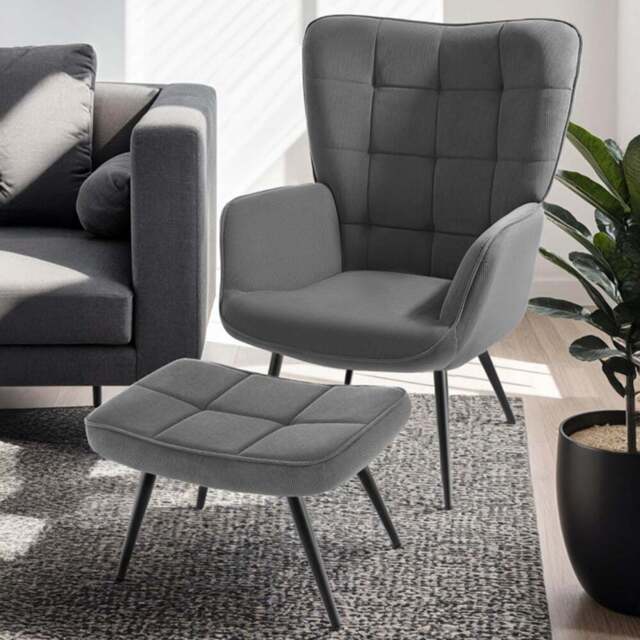 tectake Hygge Fine Corduroy Anthracite and Black Armchair with Stool - Size: Single - Grey - Wilko - image 1