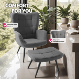 tectake Hygge Fine Corduroy Anthracite and Black Armchair with Stool - Size: Single - Grey - Wilko - thumbnail 7