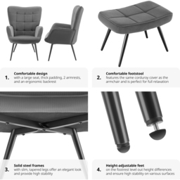 tectake Hygge Fine Corduroy Anthracite and Black Armchair with Stool - Size: Single - Grey - Wilko - thumbnail 6