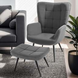 tectake Hygge Fine Corduroy Anthracite and Black Armchair with Stool - Size: Single - Grey - Wilko